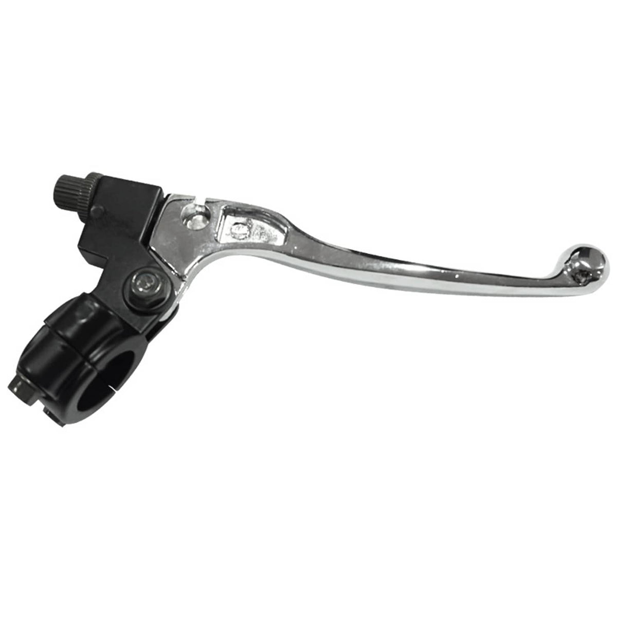 Left clutch brake lever perch with black handle and silver mounting hardware