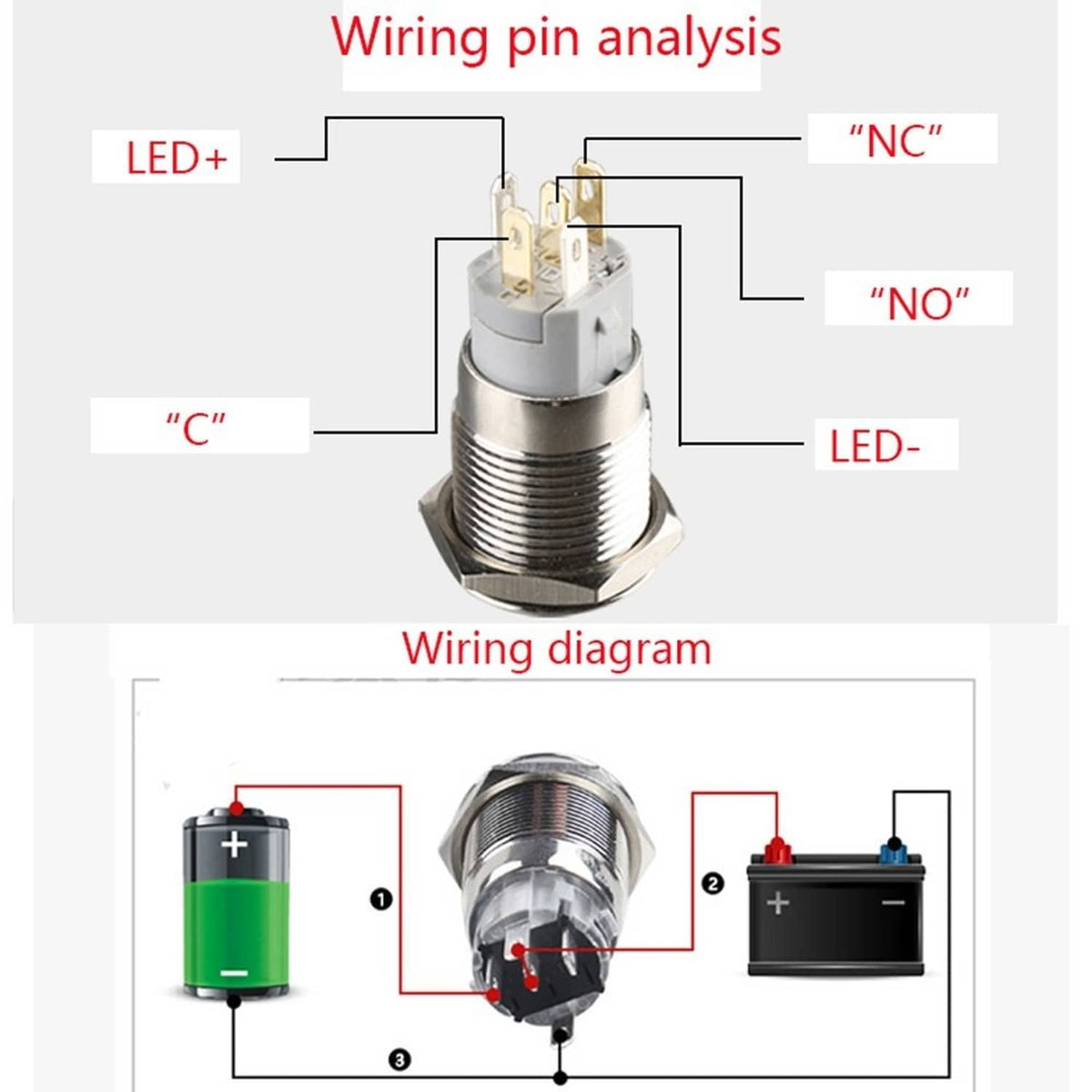 Threaded LED latching button with electrical wiring connection pins