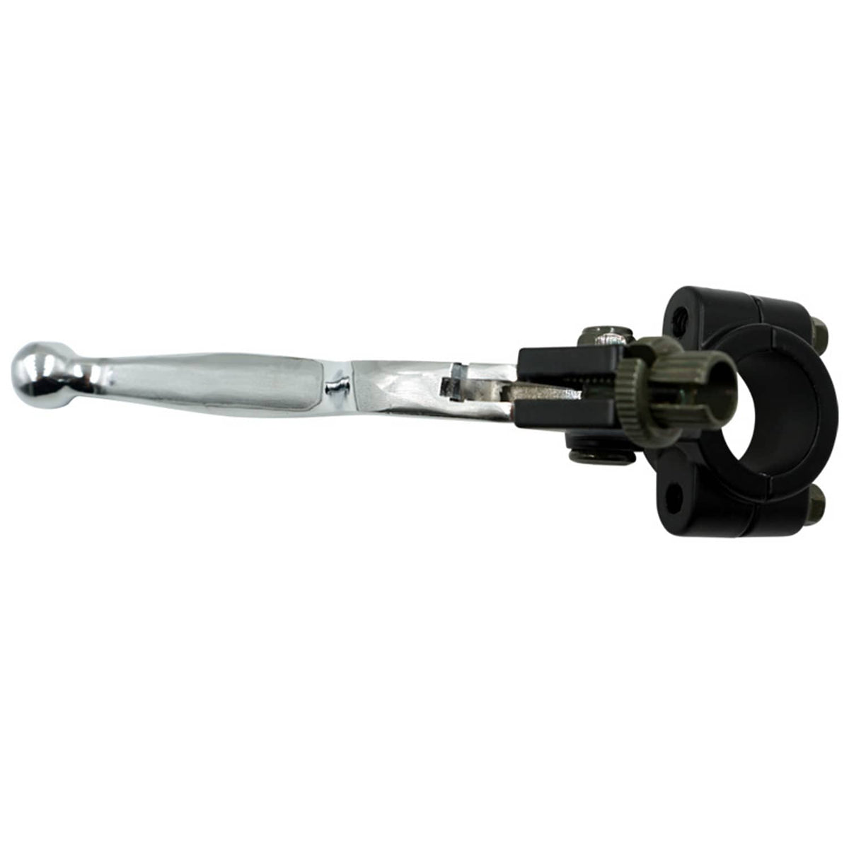 Left clutch brake lever perch, chrome lever with black perch and circular clamp mount