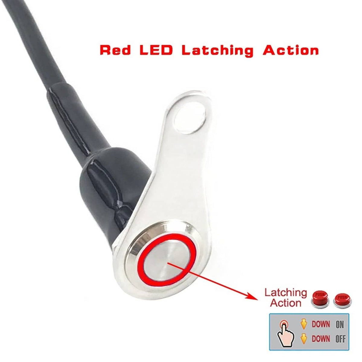 Stainless steel LED latching switch with red illuminated push button and black cable