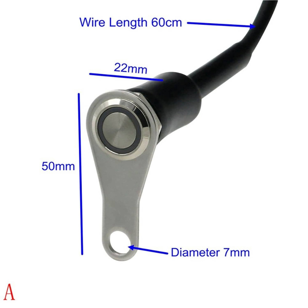 Stainless steel round push-button switch with black rubber housing and attached cable