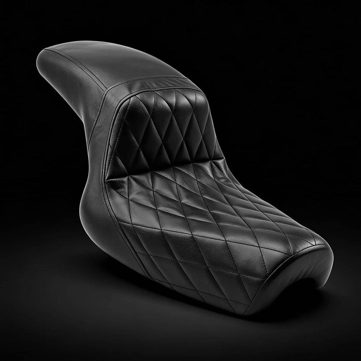 Two-up Harley Sportster seat, black padded vinyl with diamond quilt stitching
