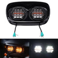 Black LED headlight with dual projector-style light modules, amber DRL, wiring connectors