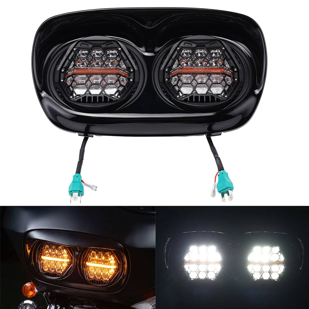 Dual LED front headlight lamp with black housing and two round lens units, wiring included