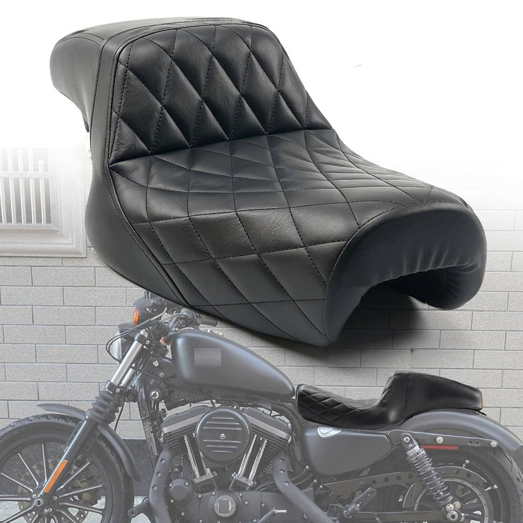 Black two-up motorcycle seat with quilted diamond stitching and padded rider backrest