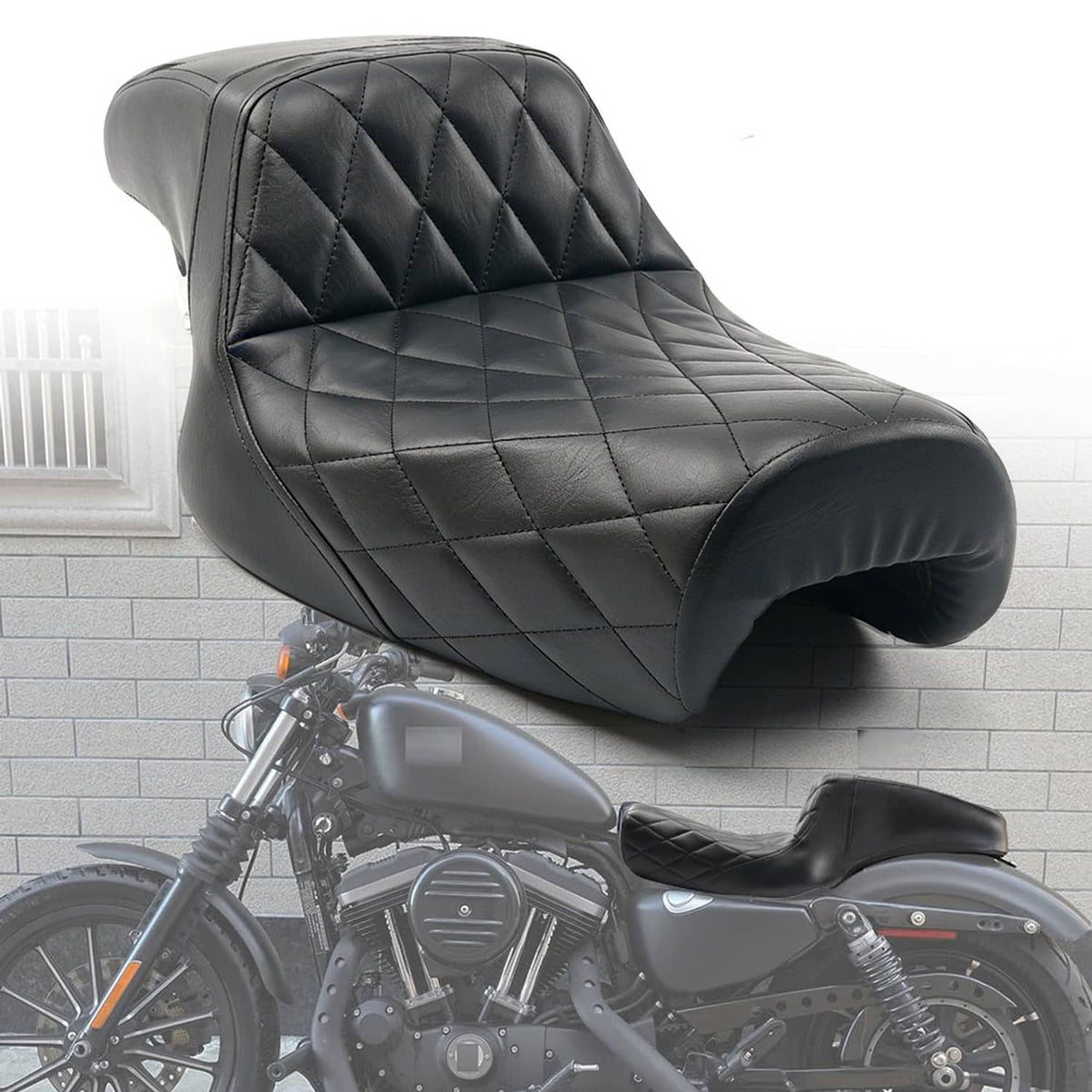 Motorcycle two-up seat in black with quilted diamond stitching and padded rider section