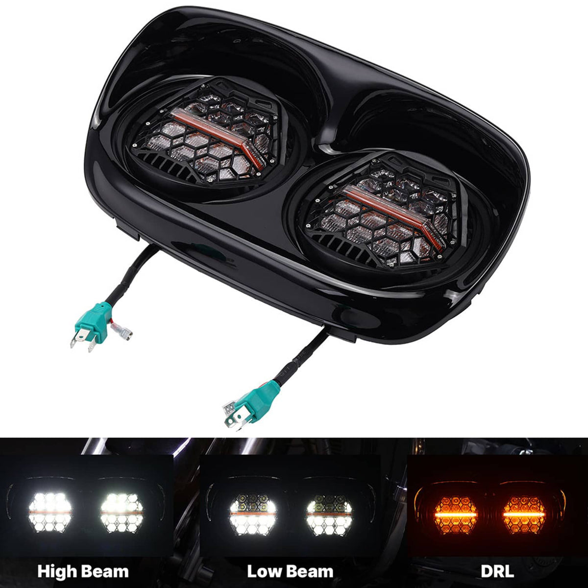 RivetOak Plug&Play LED Headlight with High Low Beam Amber DRL For Harley Road Glide 98-13