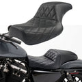 Two-up motorcycle passenger seat, black leather with diamond quilted padding and stitched seams