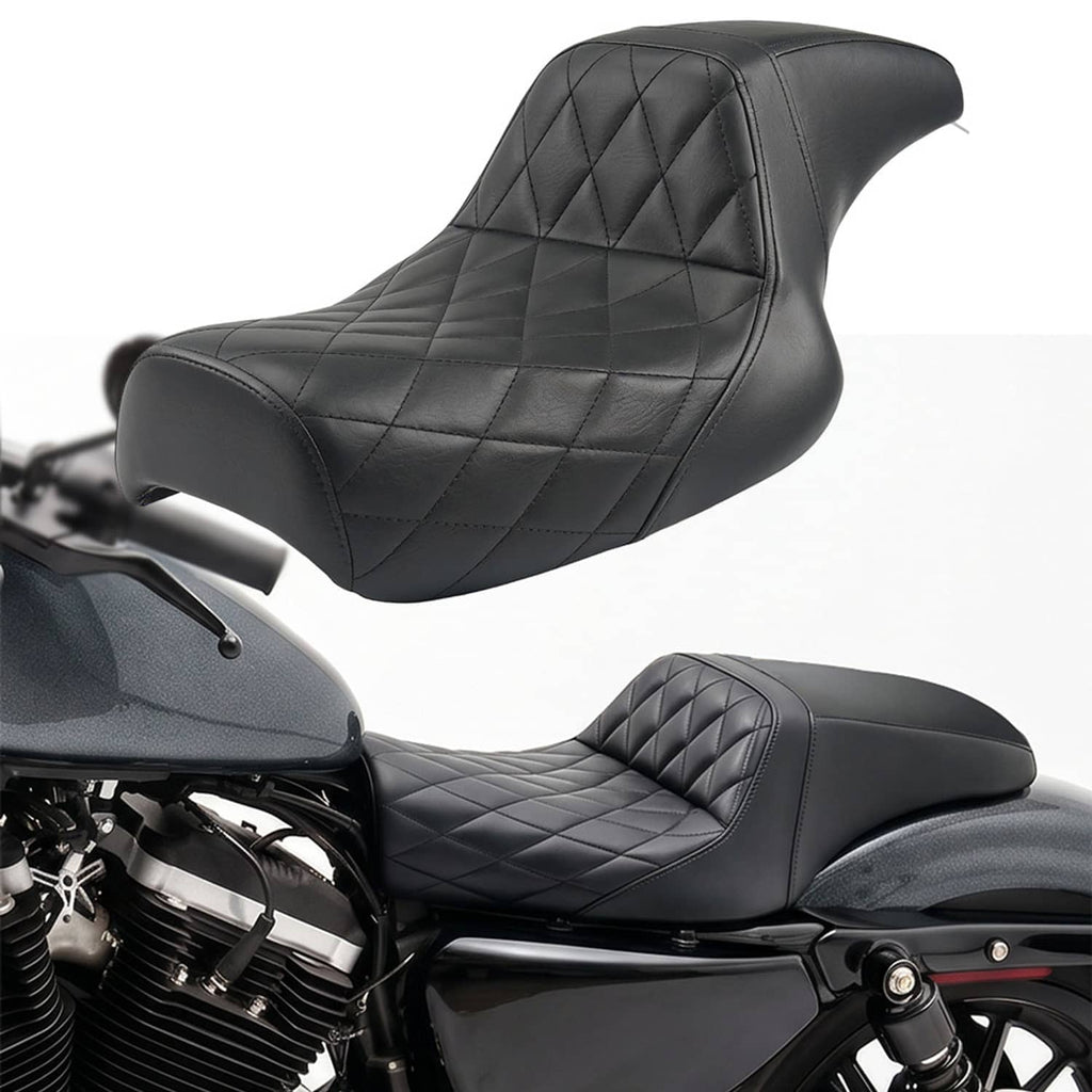 Black two-up motorcycle seat with diamond-quilted leatherette padding