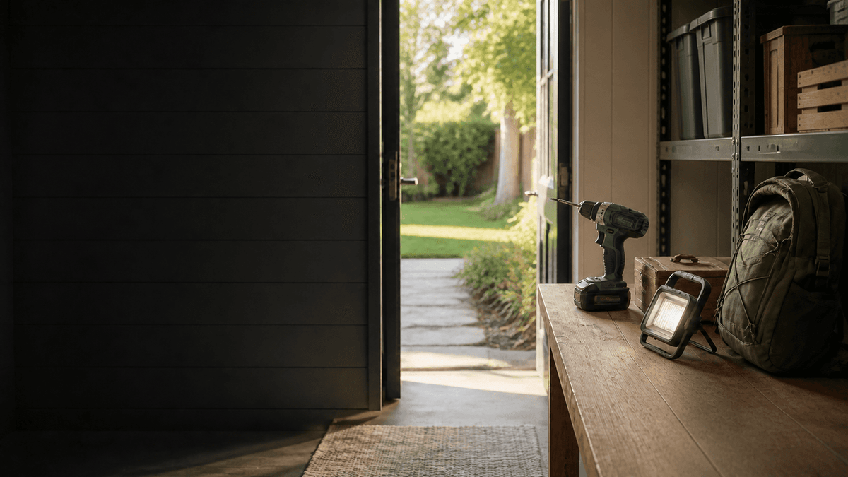 Cordless drill, work light and canvas backpack on a wooden workbench in an open garage looking out to a sunlit garden