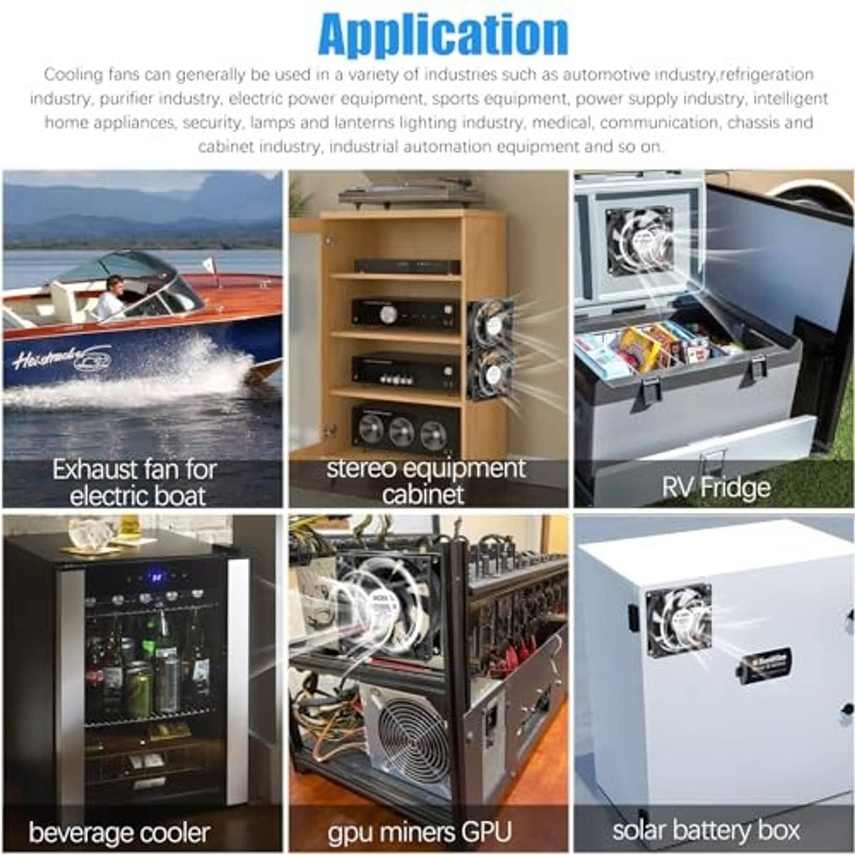 Compact DC cooling fans shown for electronics and appliance installations