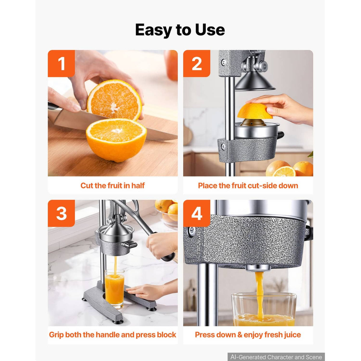 Manual citrus juicer showing step-by-step pressing over cup, silver-gray body