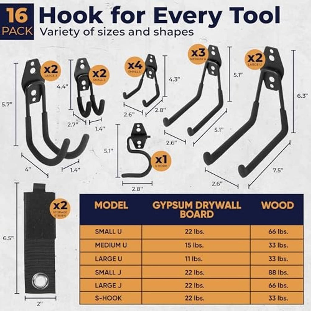 16-piece black storage hook set with different hook sizes and mounting options
