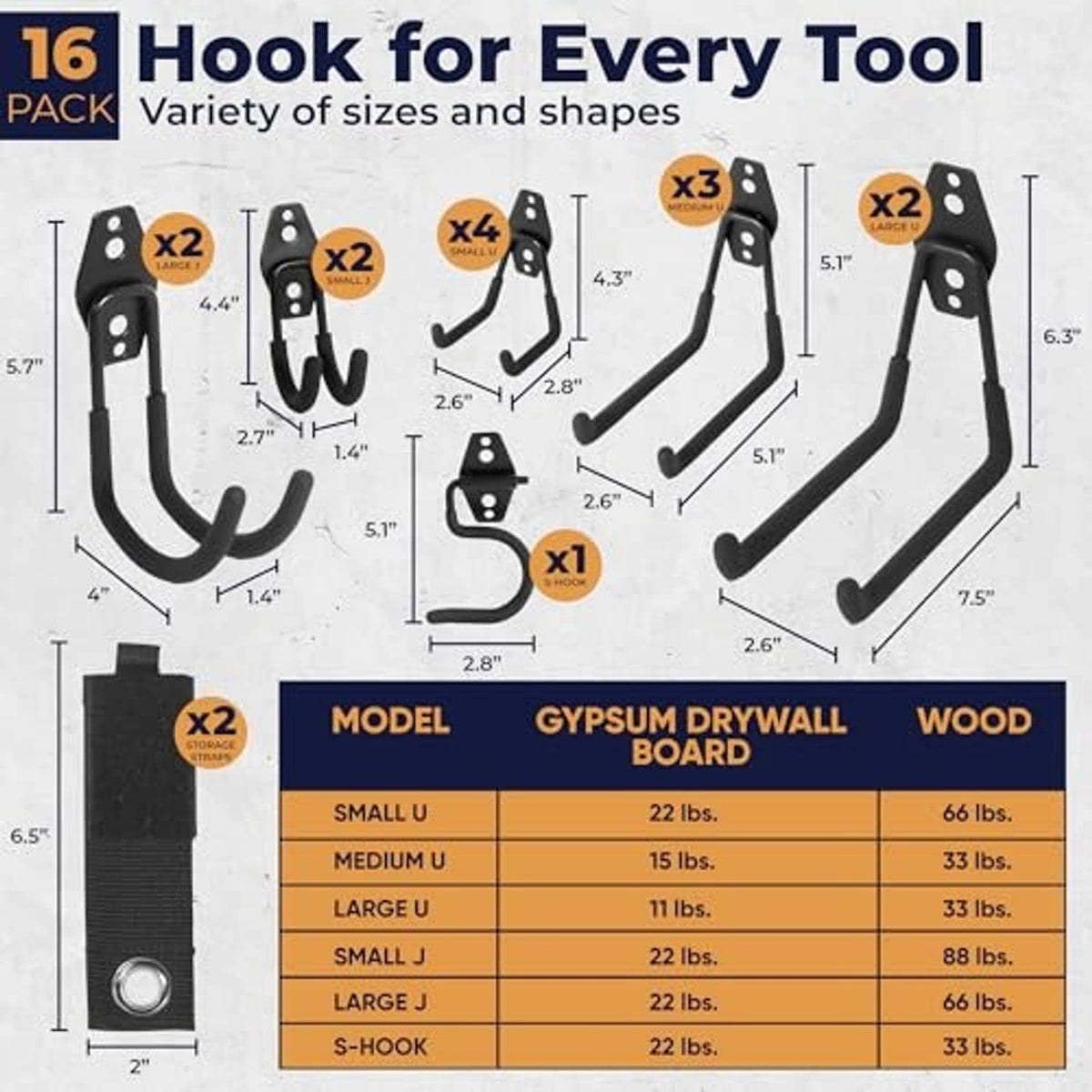 16-piece black storage hook set with different hook sizes and mounting options