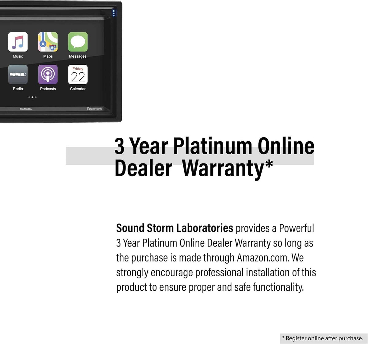 Car stereo touchscreen receiver with app icons, shown with warranty text panel