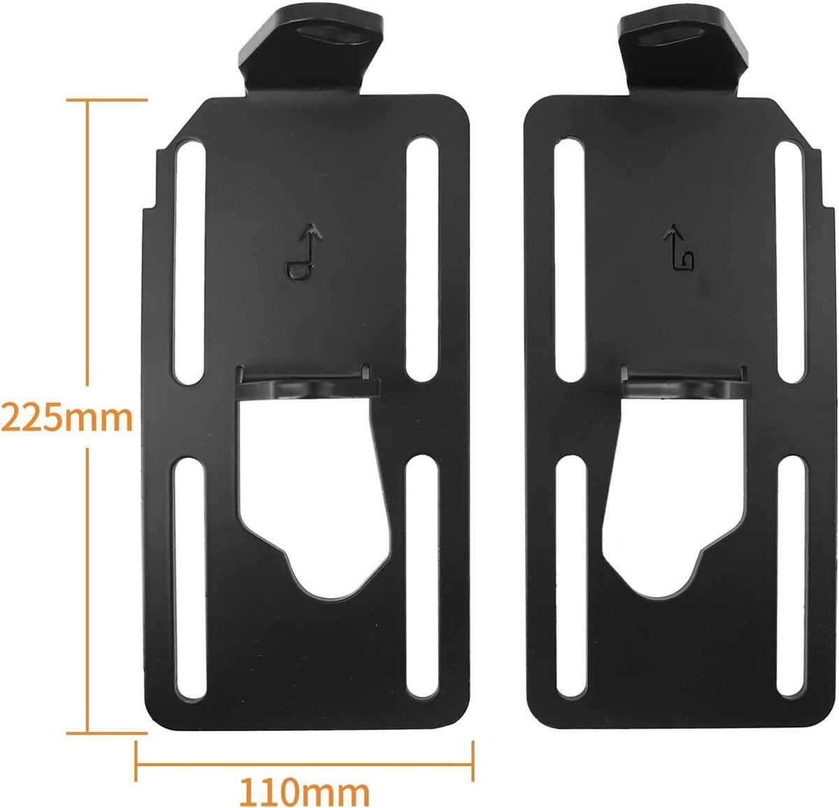 Pair of black adjustable engine brackets with large cutout mounting holes