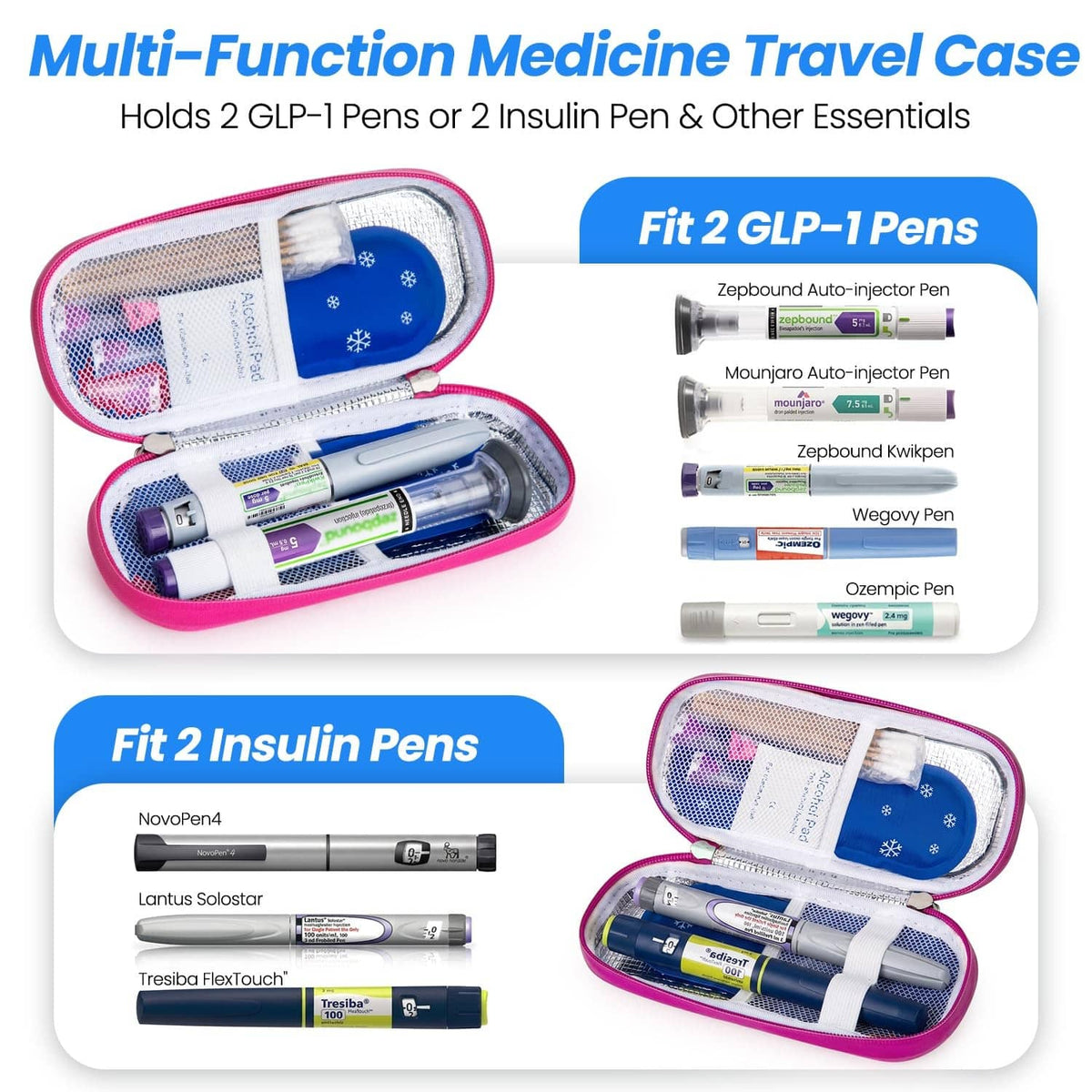 Bright pink multi-function GLP-1 travel case with blue ice pack and pen storage slots