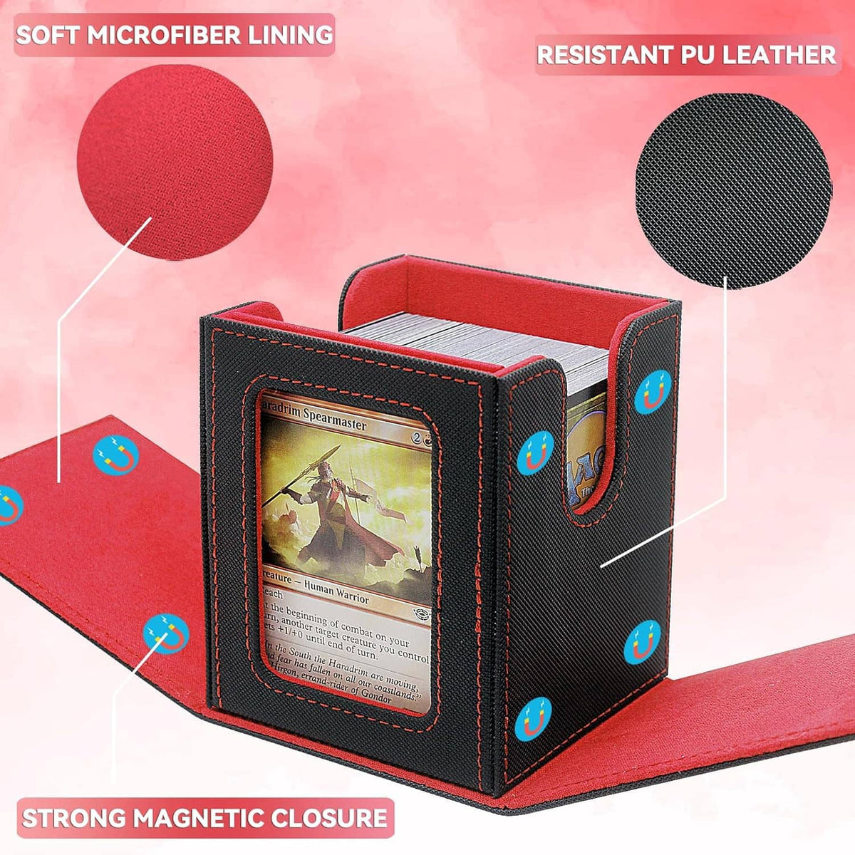Black card deck box with red interior lining, magnetic closure, and card divider slots