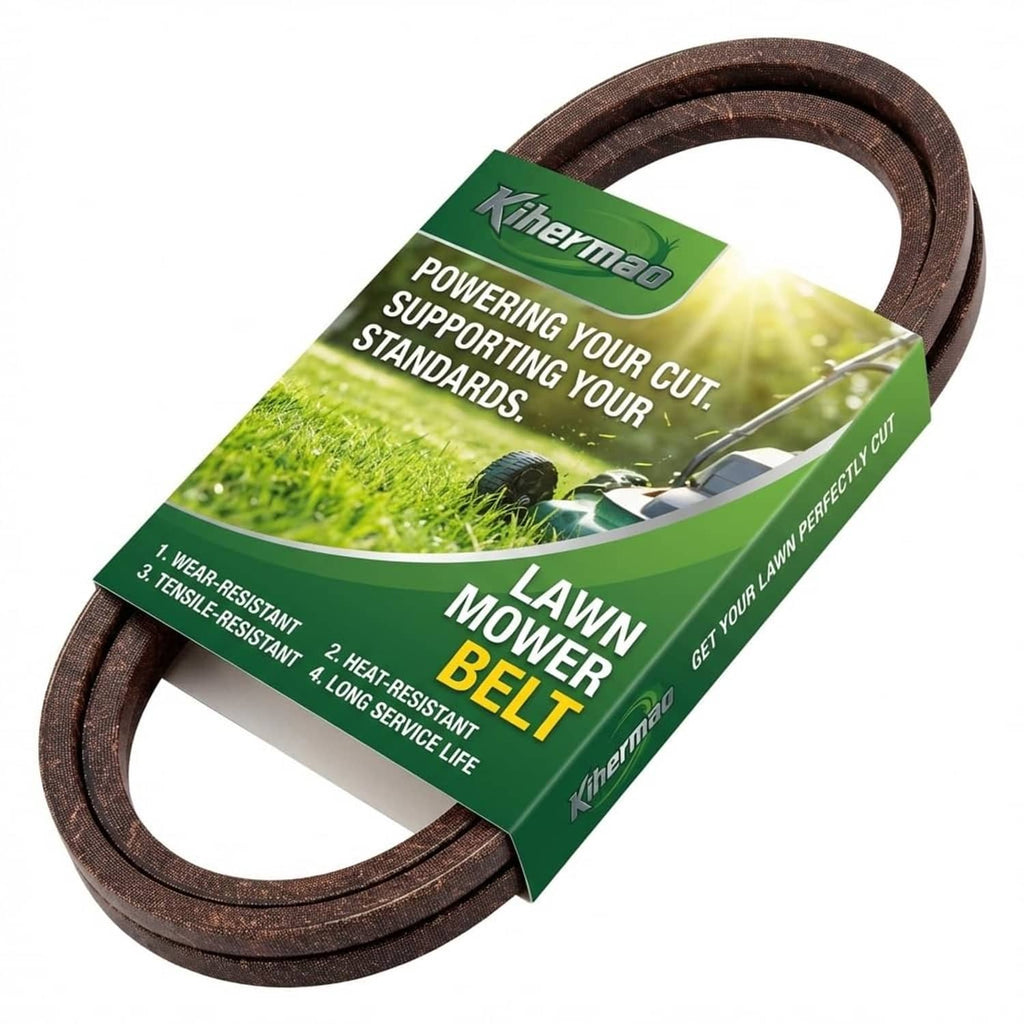 Dark brown lawn mower deck belt, bundled in green retail packaging.