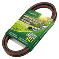 Dark brown lawn mower deck belt, bundled in green retail packaging.