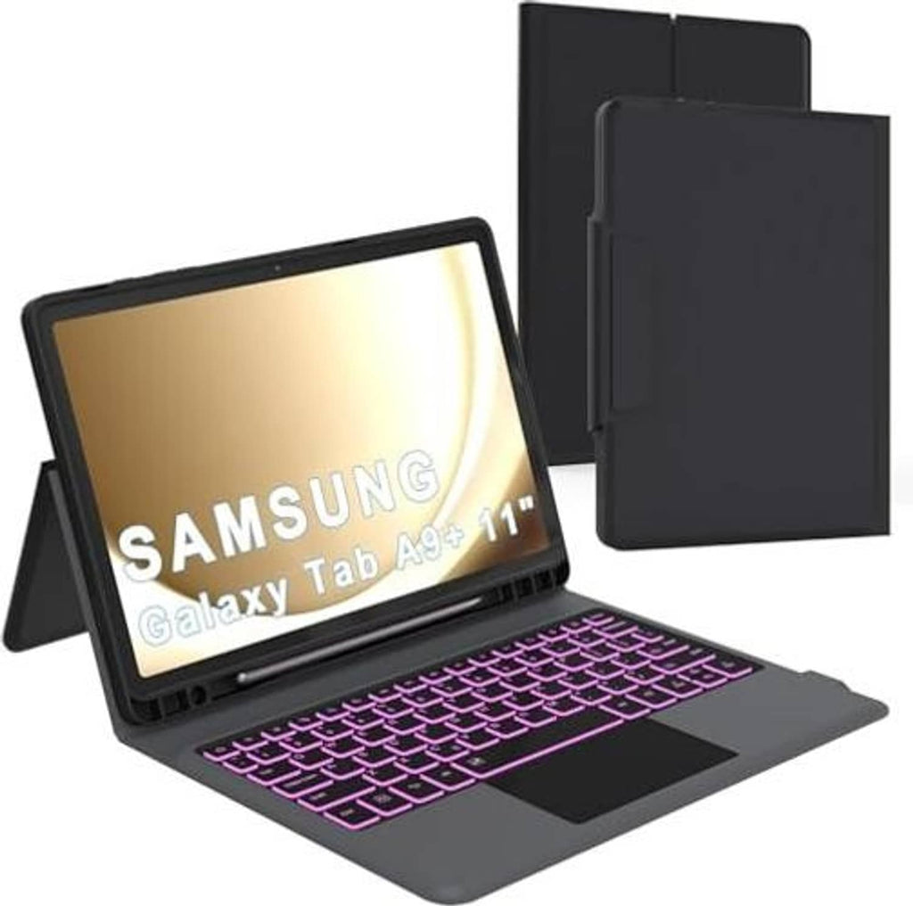 Tablet keyboard case with purple backlit keys, open view and separate back cover