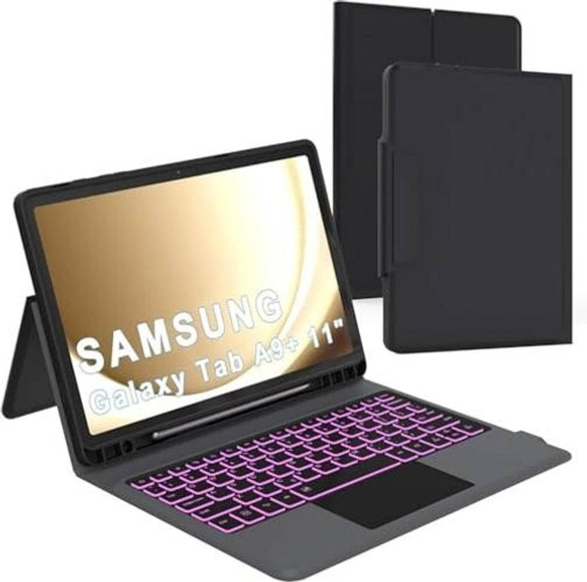 Tablet keyboard case with purple backlit keys, open view and separate back cover