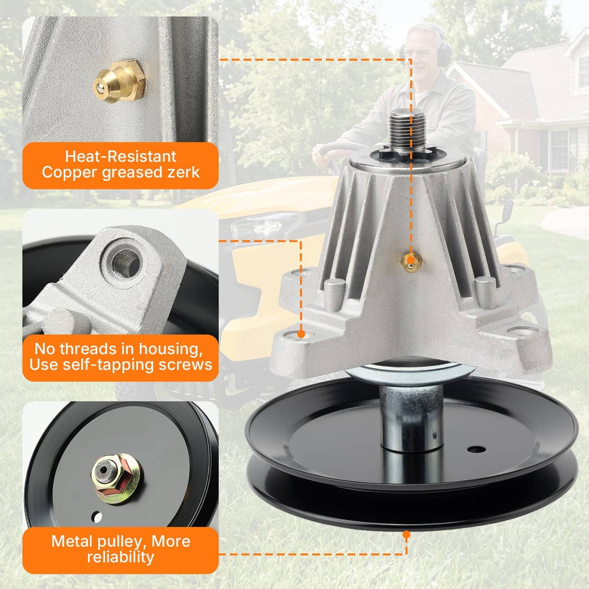 42-inch mower spindle pulley with silver bracket, black pulley, brass fitting detail