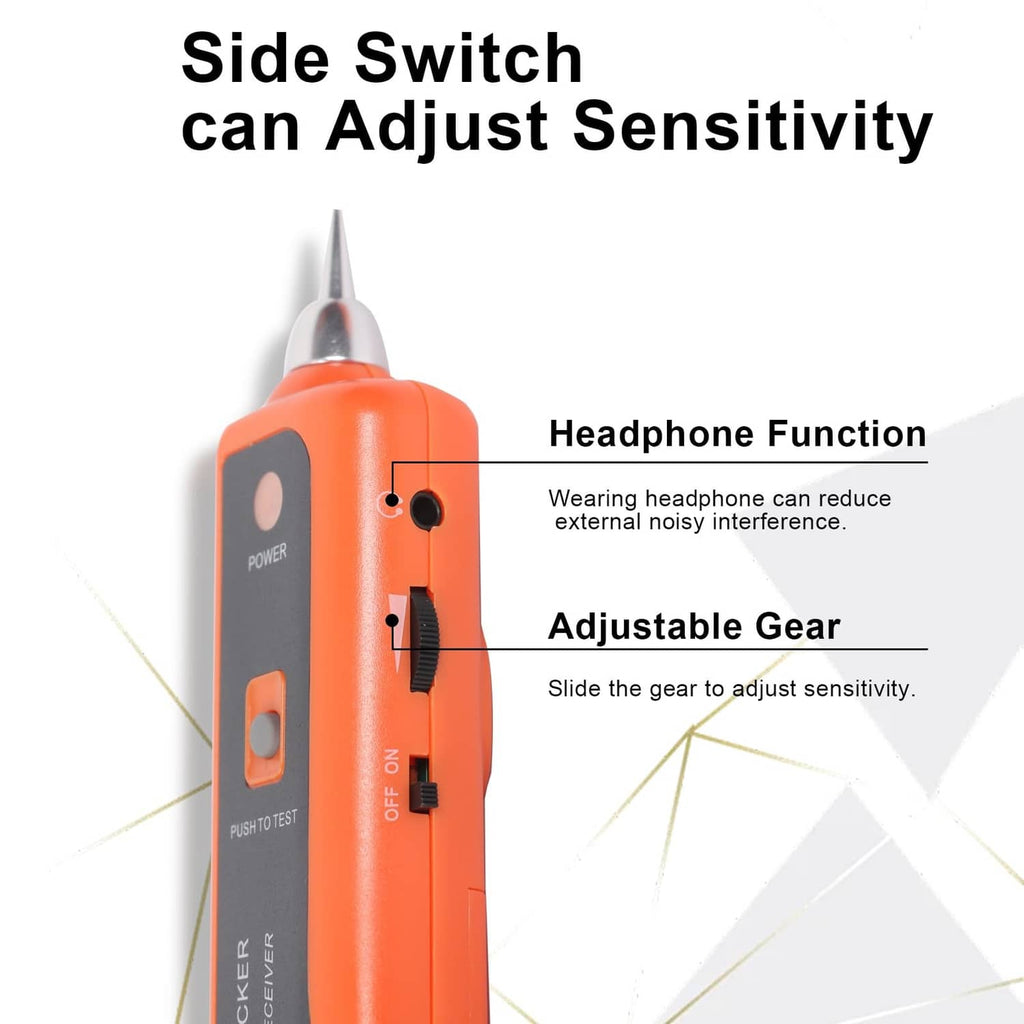 Orange wire tracker tester with side sensitivity switch and headphone jack