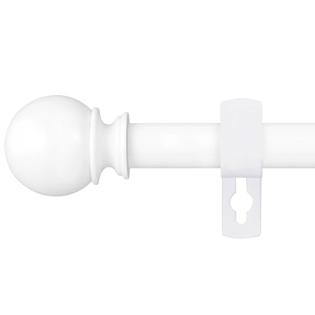 White curtain rod with round finials and connector bracket