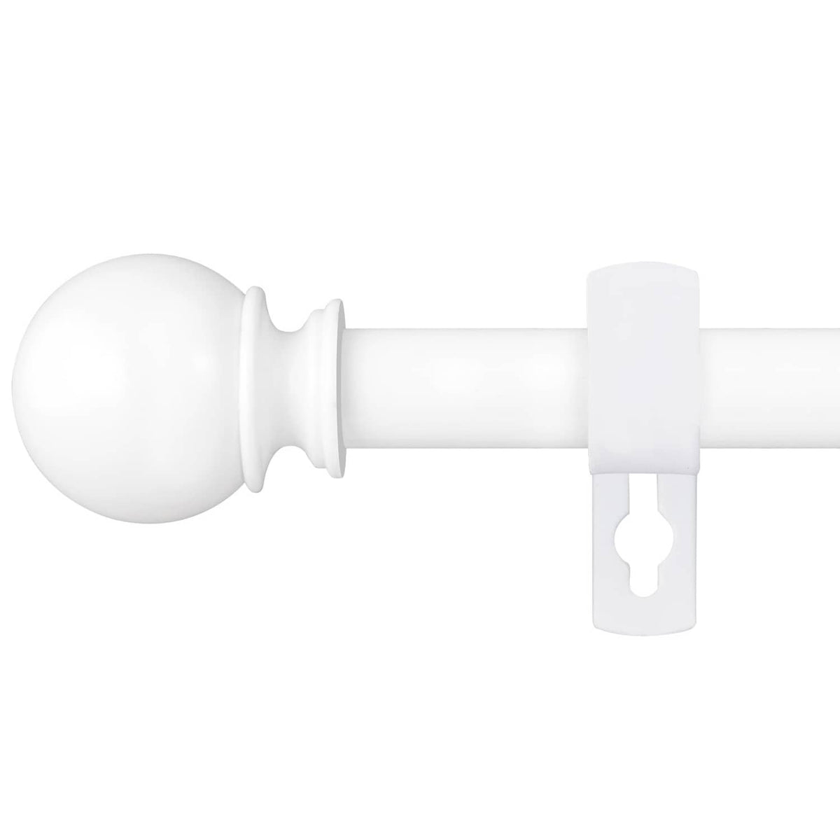 White curtain rod with round finials and connector bracket
