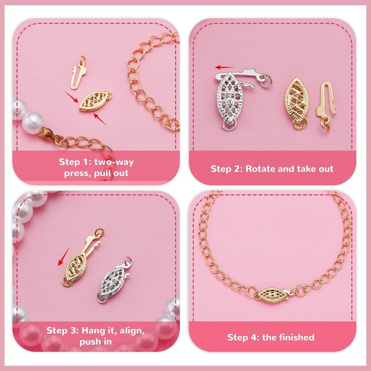 4-piece oval filigree necklace clasp kit with pearl-look charms and fish hook ends