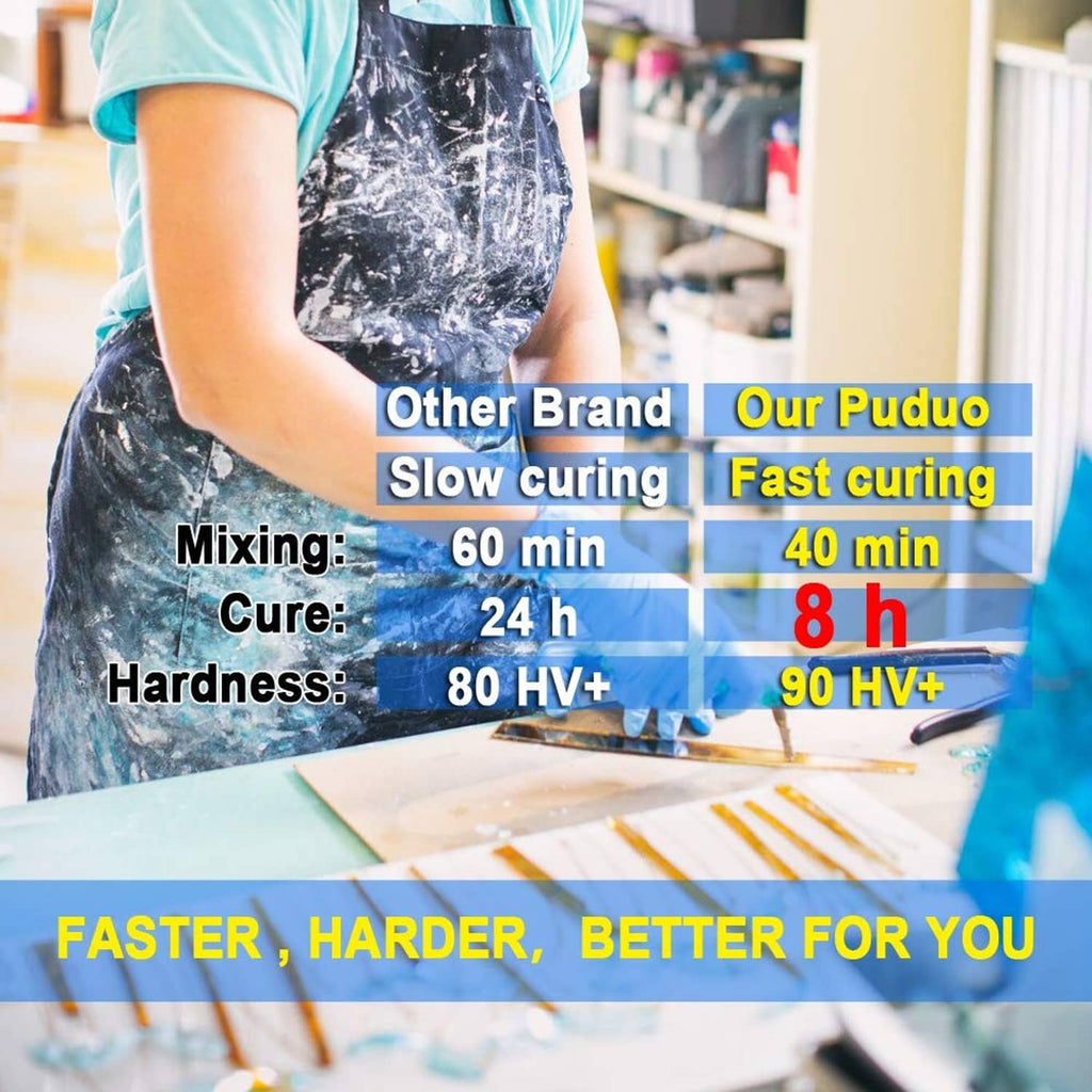 Gloved resin mixing on a crafting surface with clear two-part epoxy