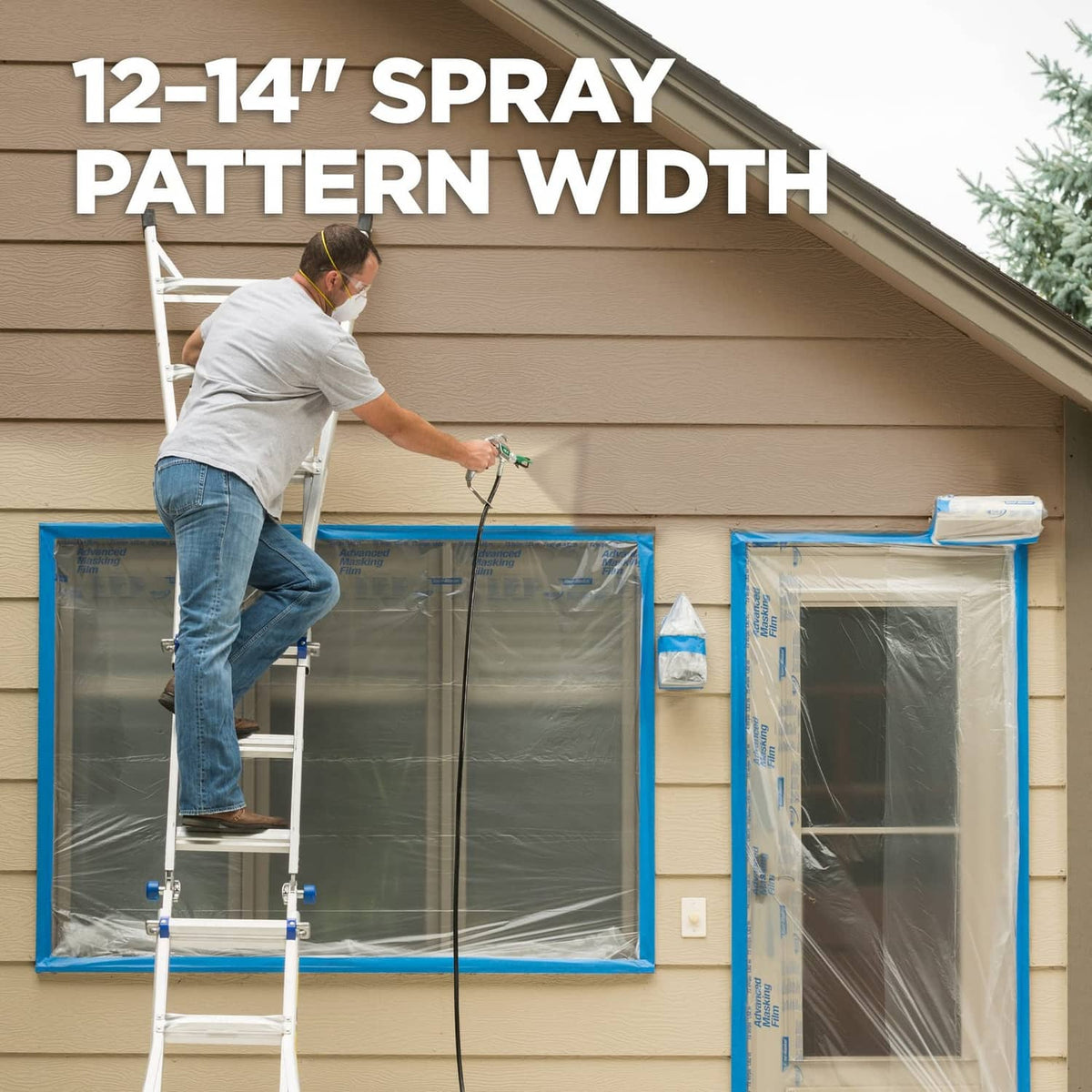 Painter using airless spray gun with green 619 tip; 12–14 inch spray text