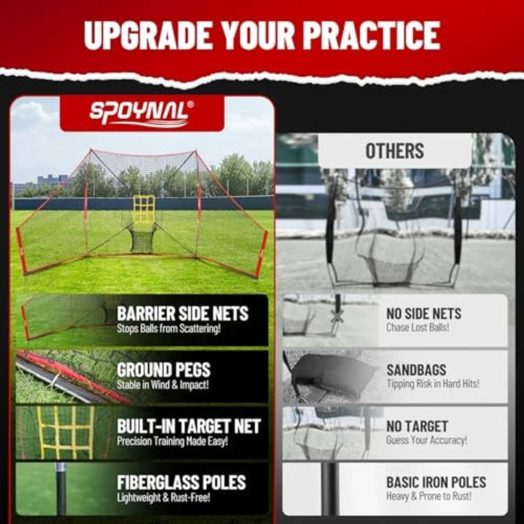 Baseball training net kit with barrier side nets, ground pegs, and target net