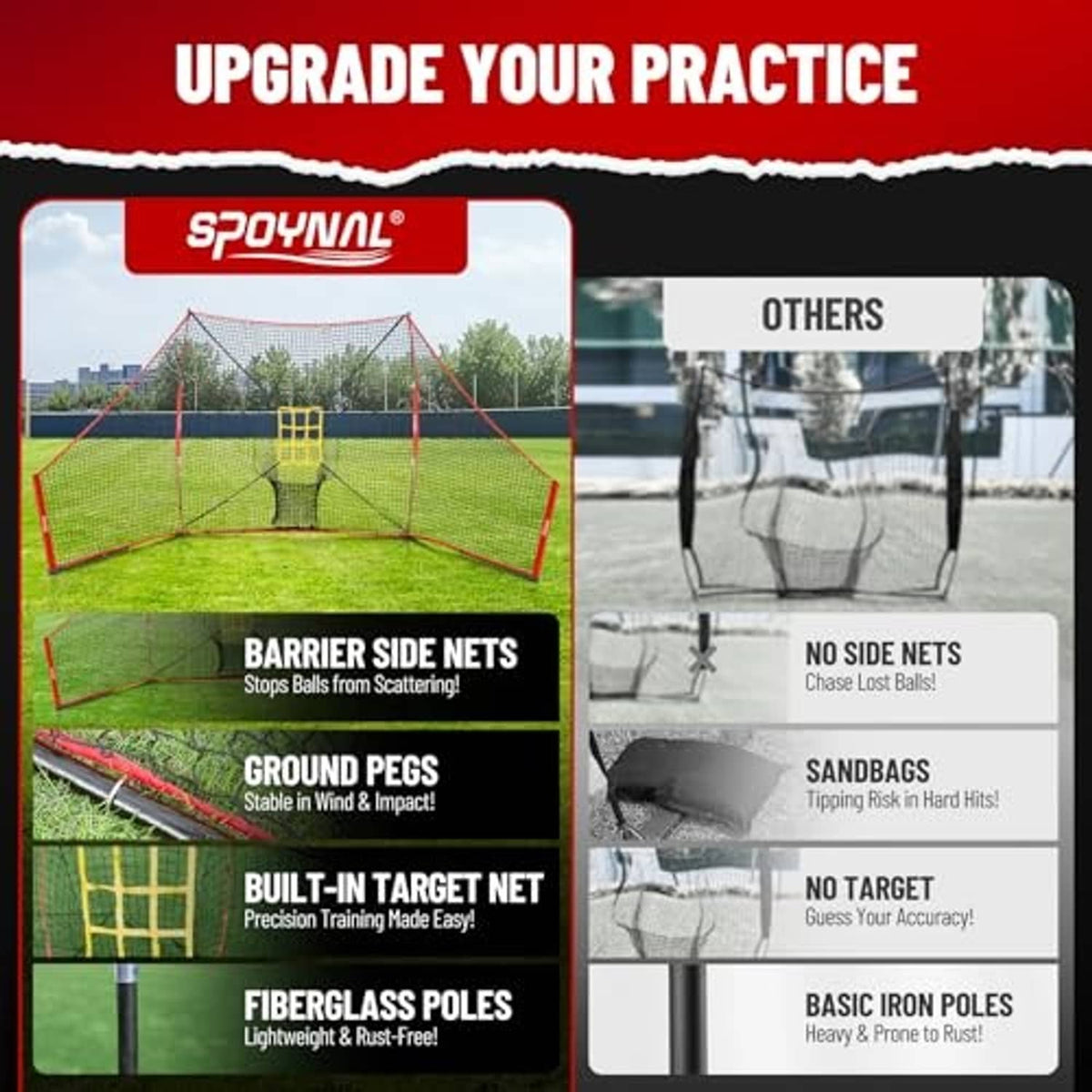 Baseball training net kit with barrier side nets, ground pegs, and target net