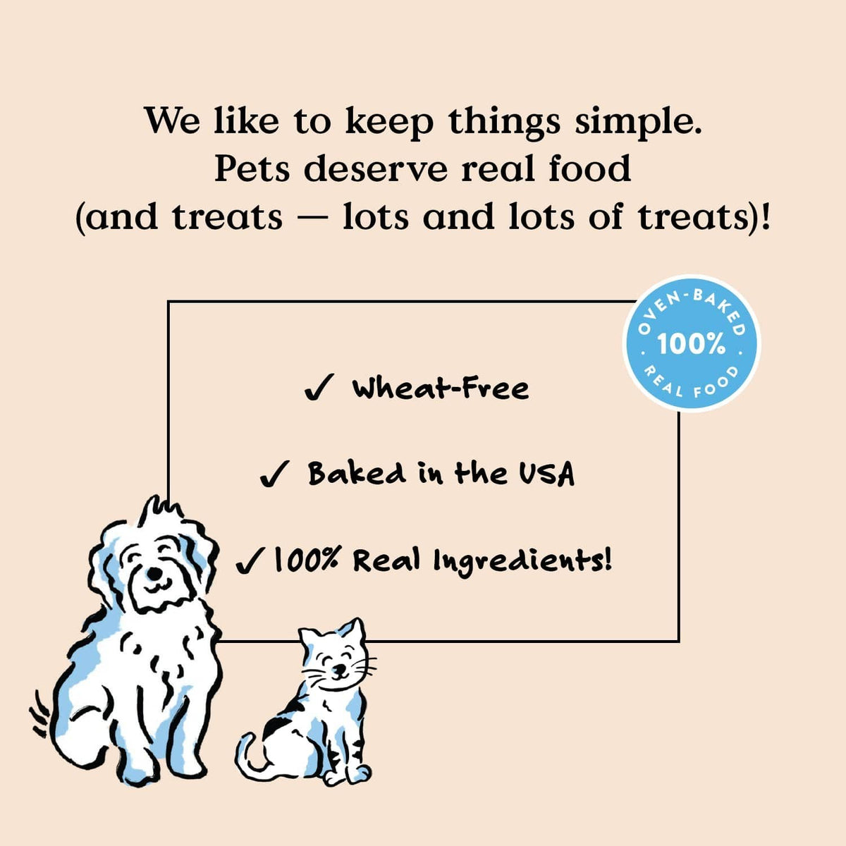 Dog treat quality icons: wheat-free, baked in the USA, 100% real ingredients