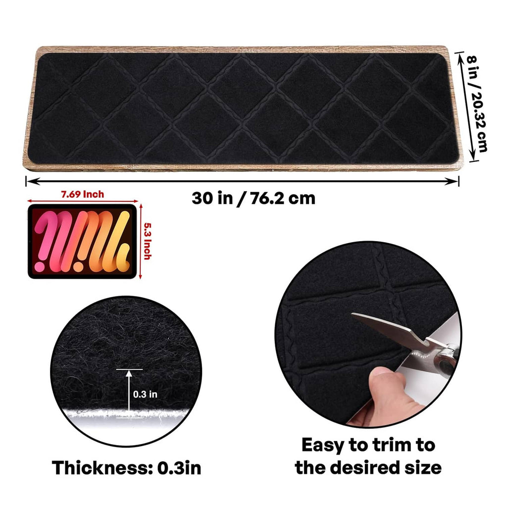 Black stair tread carpet with diamond pattern on step, thick non-slip pile