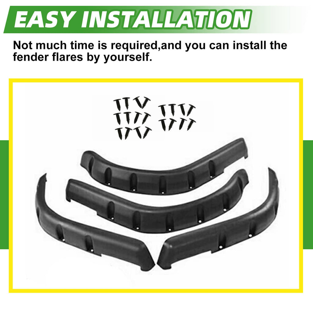 Golf cart fender flare set in dark gray/black plastic, shown with mounting clips