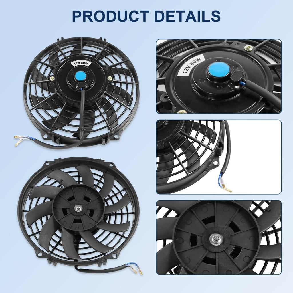 Black radiator cooling fan close-up showing blue center hub and blade frame