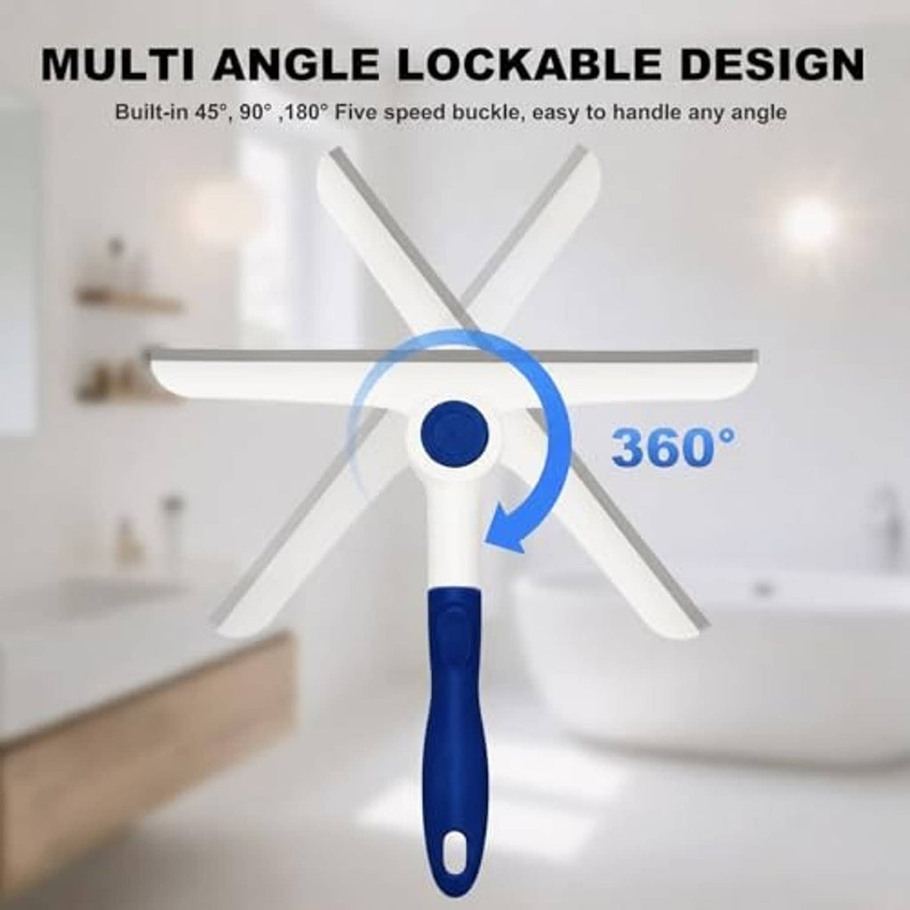 Multi-angle window squeegee with pivoting head and blue handle for 360° wiping.