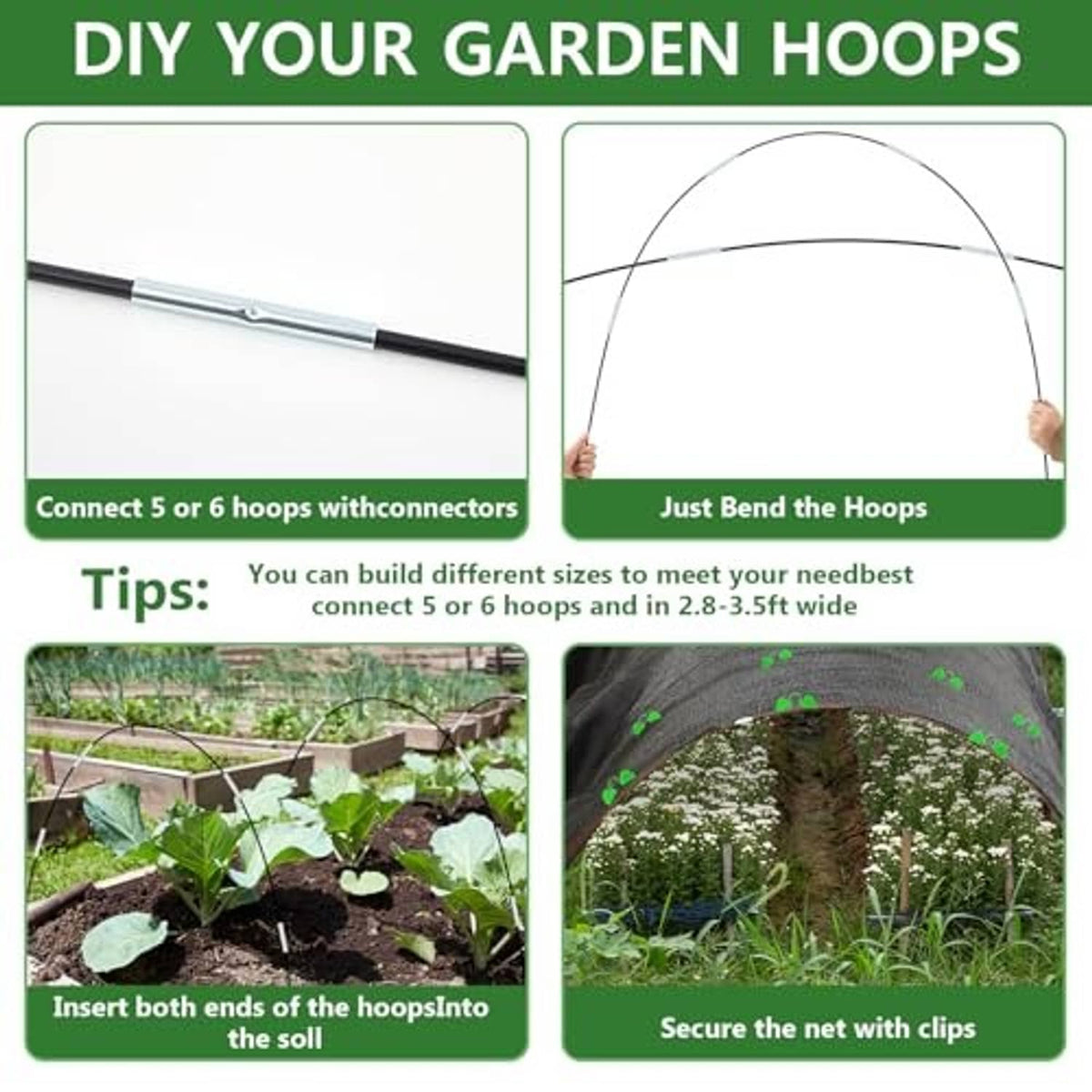 DIY garden hoop greenhouse frame with bent hoops and plastic connectors