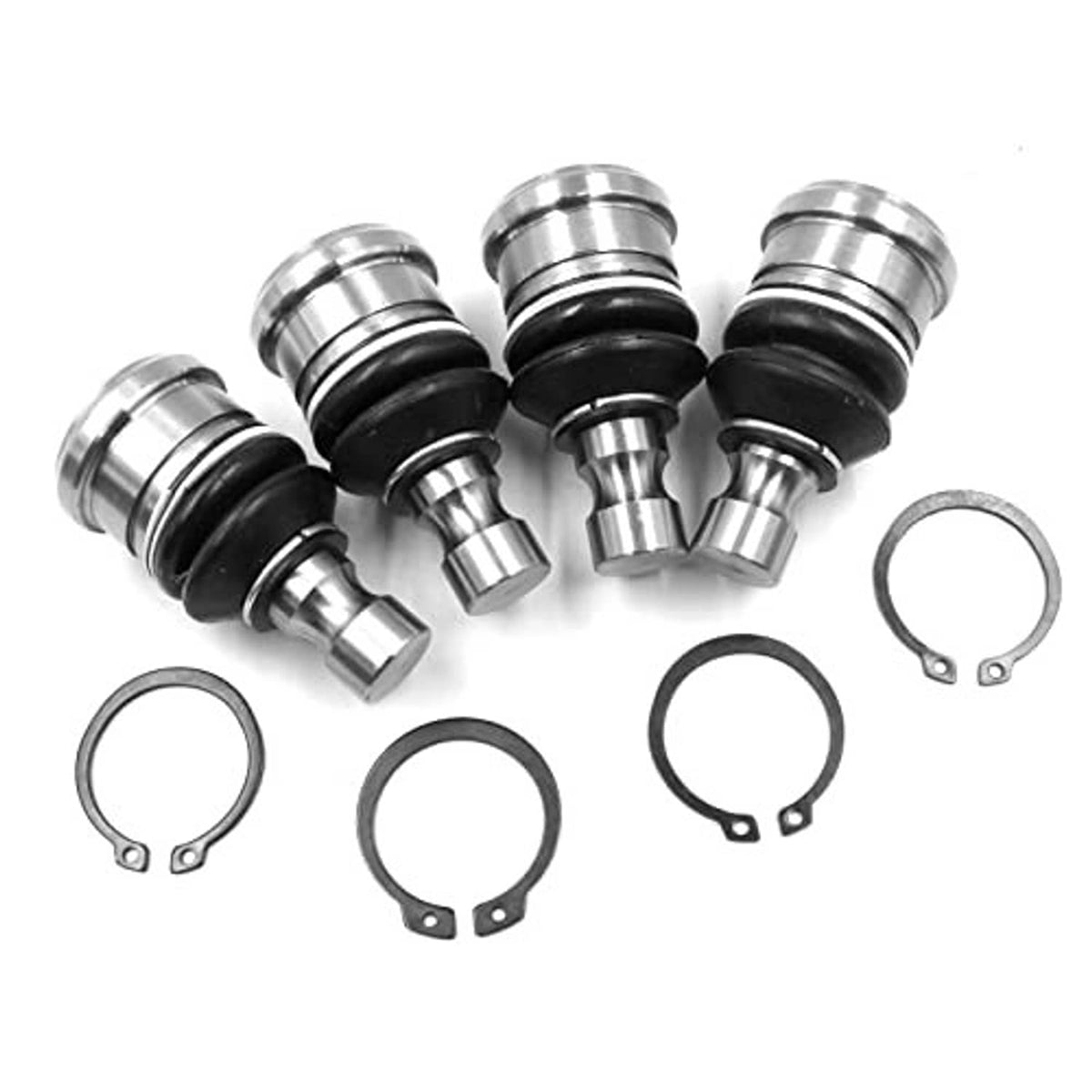 Four front ball joints with black rubber boots, chrome studs, and retaining rings