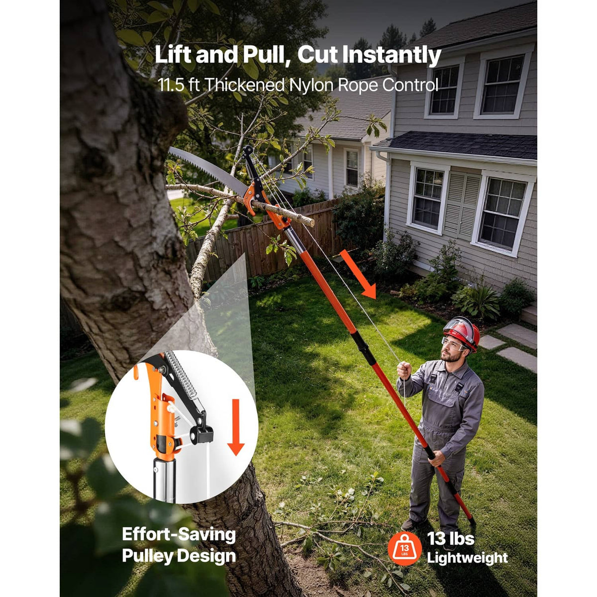 Extendable pole pruner with nylon rope control and orange cutting head