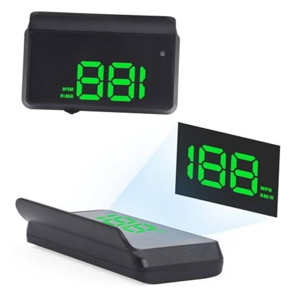Black heads-up display unit showing green 38 speed digits on screen