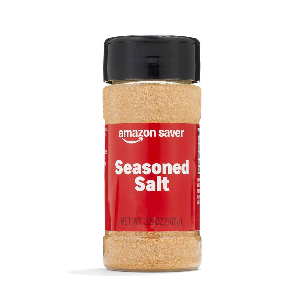 Seasoned salt bottle with black cap, amazon saver front label, 3.8 oz