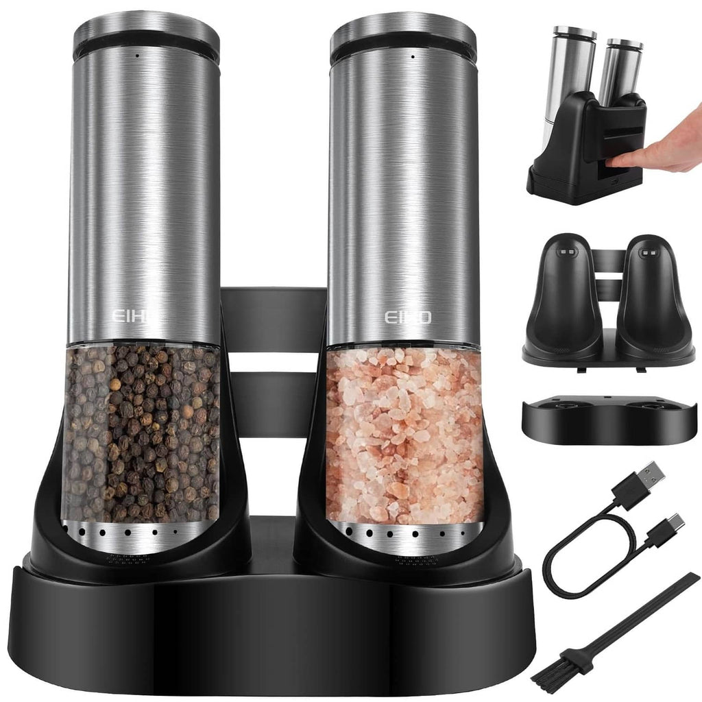 Stainless steel electric salt and pepper grinder set with charging base and cords
