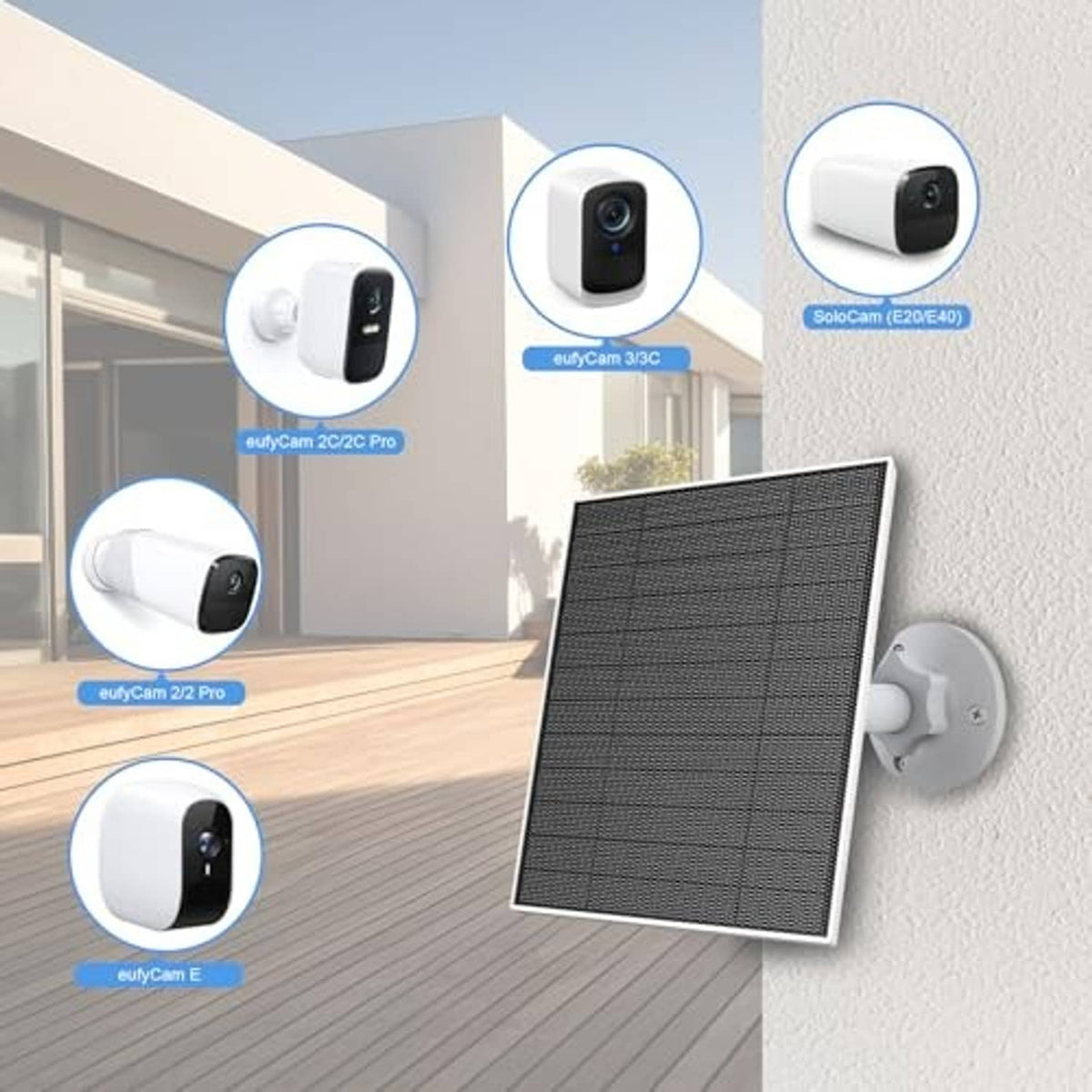 Solar panel charger with dark panel and white mounting dock on outdoor wall