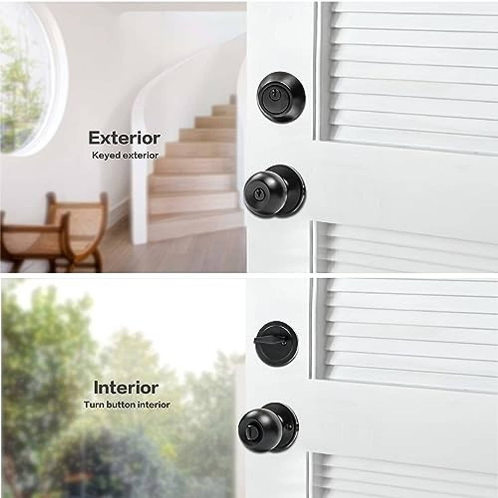 Matte black exterior keyed knob and interior thumb-turn knobs on door panels