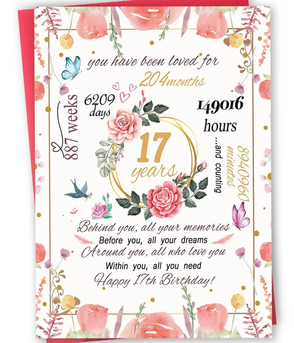 17th birthday greeting card with floral roses, butterfly, and gold “17 years” text