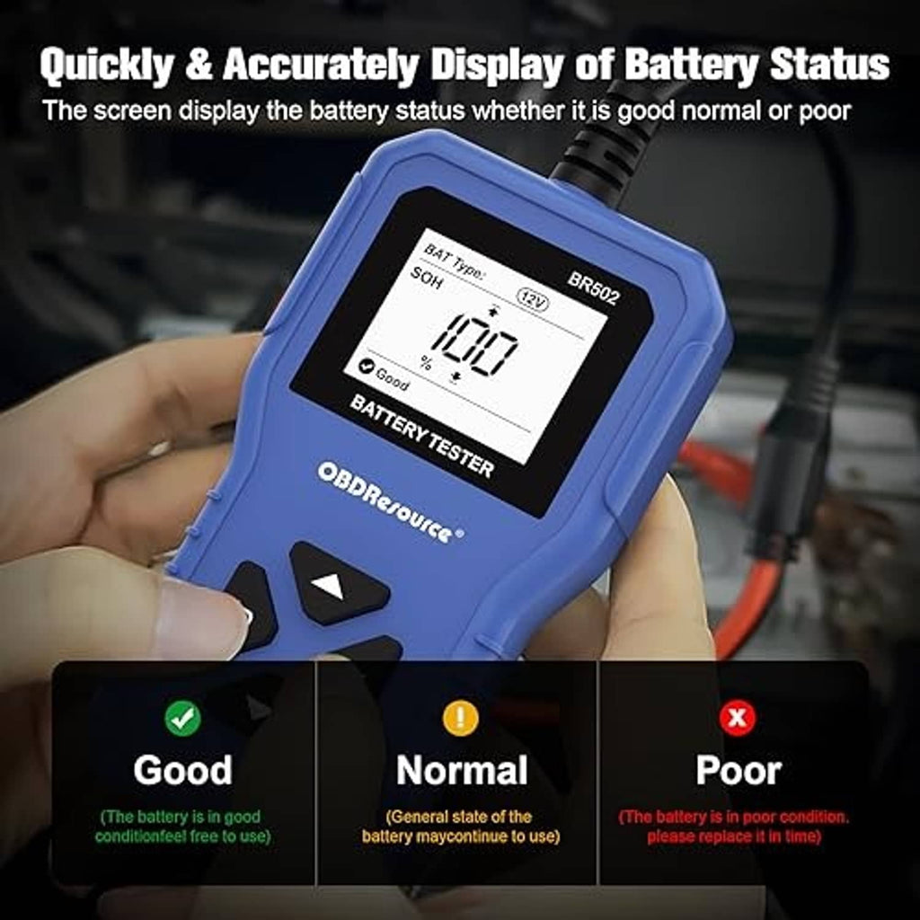 Blue battery tester held in hand with LCD status reading and three control buttons